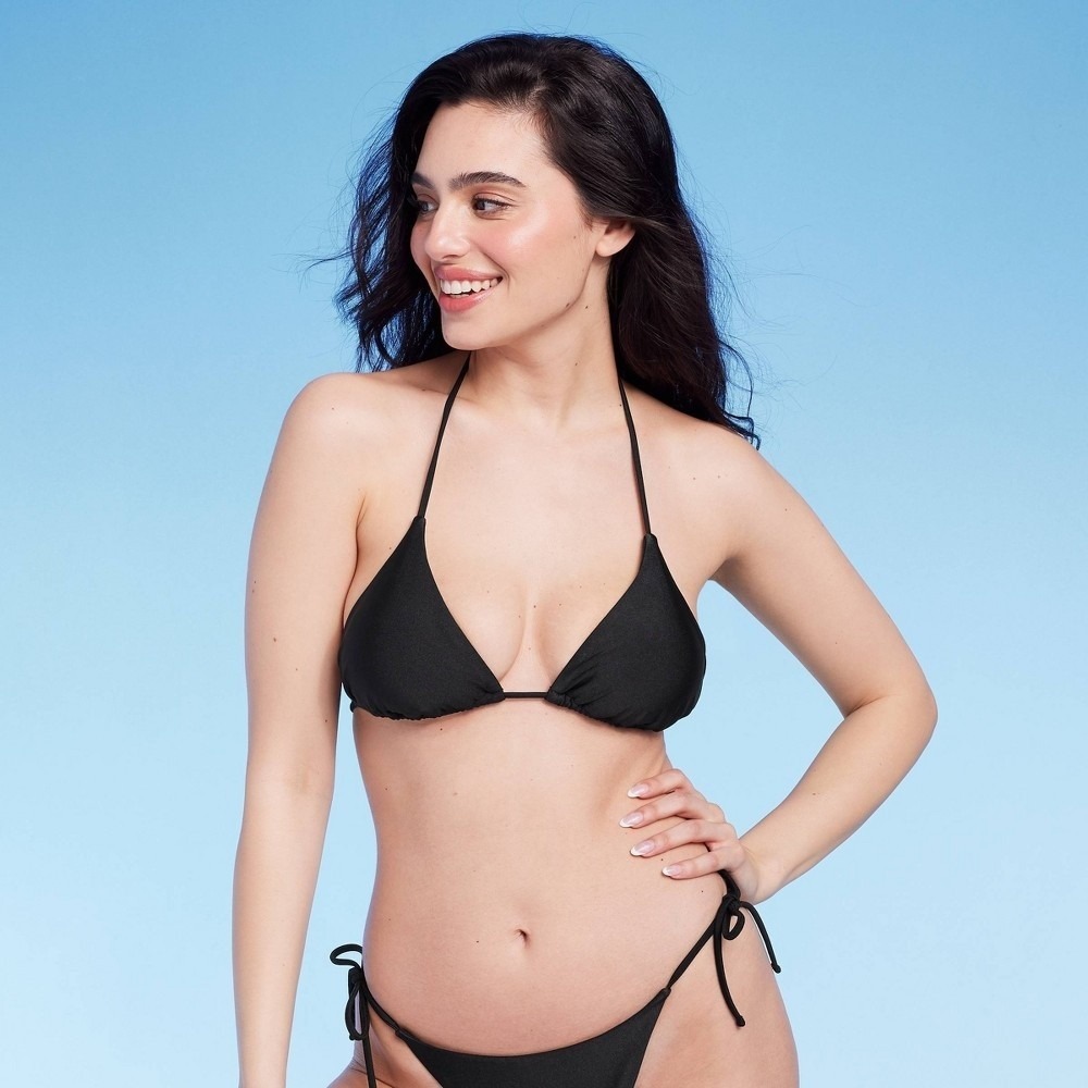 Women's Bikini Top Shade & Shore Halter Triangle Black Shine XL New With Tags